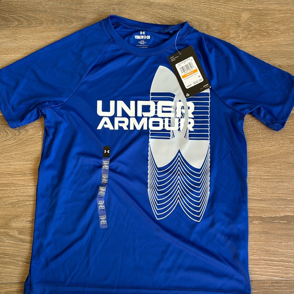 NWT - Under Armour Boys Size S royal blue logo short sleeve shirt